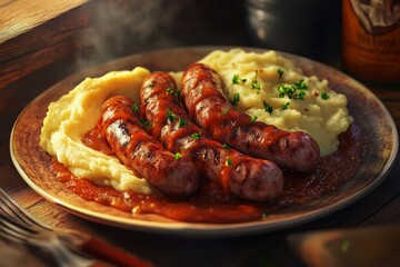 a vintage-inspired illustration of a plate of devilled sausages, mashed potatoes, and spiced tomato sauce, with bold lines and bright colors