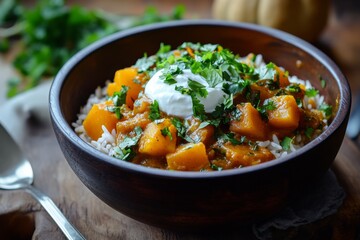 a warm and inviting butternut squash curry rice bowl with a sprinkle of fresh cilantro and a dollop of yogurt on top