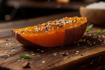 a warm and inviting scene of a single japanese sweet potato brulee on a rustic wooden chopping board, surrounded by a few scattered sesame seeds and a sprinkle of sea salt.