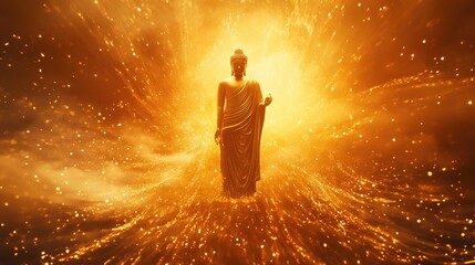 Wall Mural - Majestic golden Buddha standing tall amidst fluffy orange rays, with a serene swirling light background creating a peaceful, divine ambiance