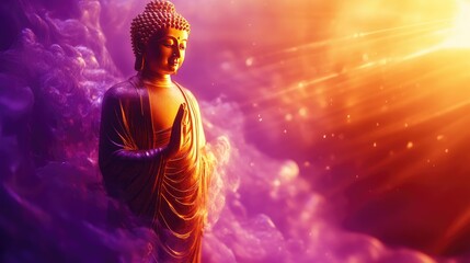 Wall Mural - Stunning golden Buddha image standing amidst swirling fluffy purple rays, set against a radiant ethereal light background, exuding divine peace