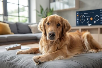 Golden Retriever Resting on Sofa in Modern Smart Home Living Room