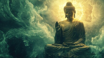 Wall Mural - Stunning golden Lord Buddha image amidst swirling fluffy light green rays, with a serene background of radiant, divine light