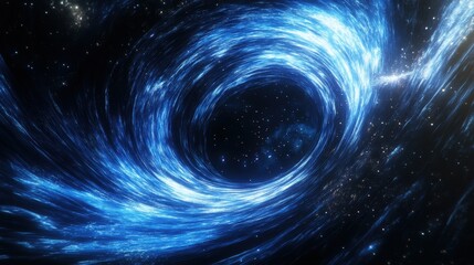 Poster - Dynamic black hole with swirling blue and silver energy rings, sparkling particles, and distant stars, set in the vast universe.