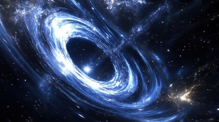 Poster - Dynamic black hole with swirling blue and silver energy rings, sparkling particles, and distant stars, set in the vast universe.