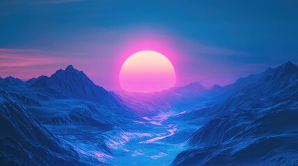 Illuminated blue sun over mountainous terrain Ethereal atmosphere 3D rendered landscape in a fantasy setting Sci fi illustration with vibrant reflections of neon hues