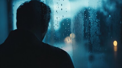 Leinwandbilder - A solitary figure looks out of a rain-covered window, deep in thought as raindrops cascade down the glass, enveloped in a melancholic atmosphere. Generative AI