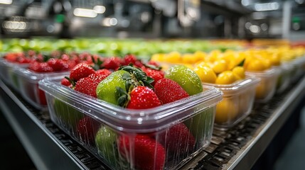 Wall Mural - Fresh strawberries, limes, and lemons in clear plastic containers on a conveyor belt in a food processing facility.