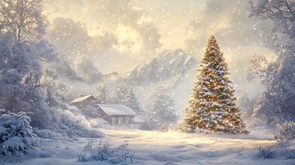 Wall Mural - A beautifully adorned Christmas tree is positioned in a tranquil snowy landscape as delicate snowflakes descend enhancing the serene winter atmosphere