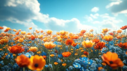 Wall Mural - A field of vibrant orange and blue wildflowers blooms under a bright blue sky with fluffy white clouds.