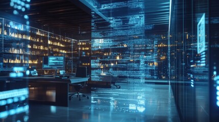 Poster - Futuristic AI-driven document digitization in a modern office at night, glowing data showcasing high-tech efficiency.