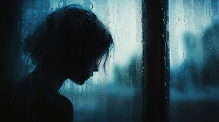 Aufkleber - A lone person stands by a window, lost in thought as raindrops cascade down the glass, creating a mood of solitude and reflection. Generative AI