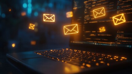 Poster - Glowing digital envelopes hover over a laptop keyboard at night, representing email marketing in a virtual space.