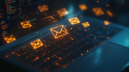 Poster - Glowing digital envelopes hover over a laptop keyboard at night, representing email marketing in a virtual space.