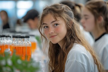 Sticker - A young woman with freckles and long brown hair smiles at the camera. She is sitting at a table with a row of bottles of liquid in the foreground.