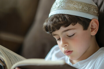 Canvas Print - Young Boy in Devotion with Prayer Book during Yom Kippur  