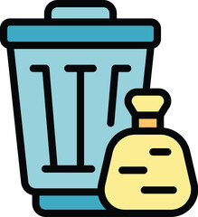 Poster - Simple colorful icon of a trash can with a garbage bag standing next to it, a perfect visual for waste management
