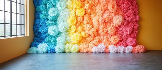 Poster - Colorful paper pom-poms create a rainbow wall backdrop in an empty room with a window.