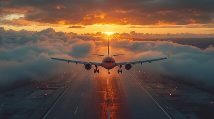 Sticker - An airplane takes off at sunset, with the sun shining through the clouds behind it.