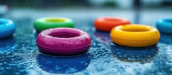 Poster - Colorful rubber rings with raindrops on a blue surface.