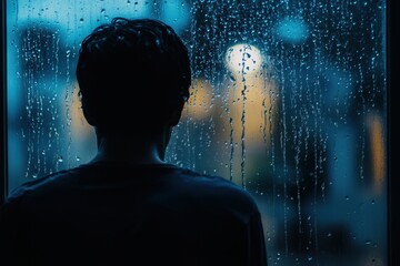 Aufkleber - A solitary person contemplates the rain-drenched world outside, immersed in introspection amid soft, moody lighting. Generative AI