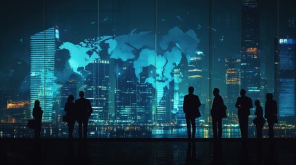 Poster - Illuminated cityscape at night with business silhouettes, capturing the essence of global teamwork and corporate ambition.