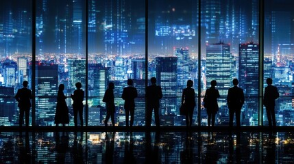 Poster - Illuminated cityscape at night with business silhouettes, capturing the essence of global teamwork and corporate ambition.