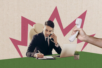 Poster - Creative collage picture young man speak phone call answer businessman entrepreneur laptop office worker landline drawing background