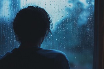 Aufkleber - A person stands by a window, watching raindrops slide down the glass, enveloped in a mood of solitude and introspection on a dreary day. Generative AI