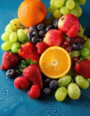 Wall Mural - Fresh fruit assortment on blue