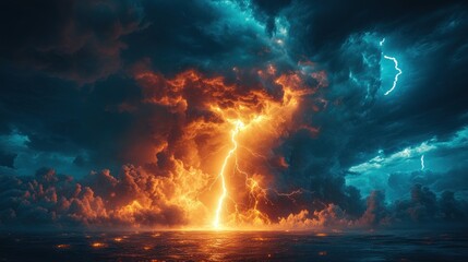 Canvas Print - Dramatic stormy sky with lightning striking over the ocean.