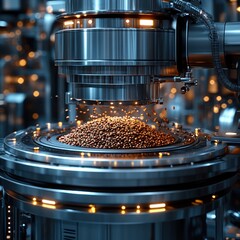 Canvas Print - Coffee beans falling from a machine onto a rotating platform.