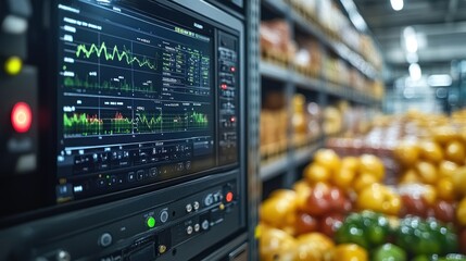 Wall Mural - A close-up view of a control panel displaying data and graphs in a supermarket with shelves of produce in the background.