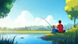© AMNARTSET - A cartoon parent and child fishing by a lake, with plenty of room for copy in the water and sky.