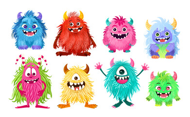 Wall Mural - Set of 8 cute little monsters. Fictional creatures for children's print, posters, cards, Halloween designs. Cartoon vector illustrations. isolated magical fluffy animals on white background. Clip-arts