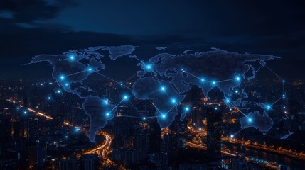 Poster - Network connections over a cityscape, illuminated by a digital world map. A concept of global electronics and IT market