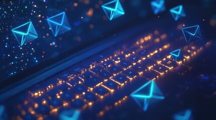 Poster - Nighttime digital email marketing with illuminated envelopes and a glowing laptop keyboard, symbolizing virtual communication.
