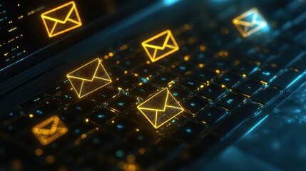 Poster - Nighttime email marketing concept with glowing envelopes, laptop keyboard shining in a dark digital space.