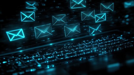 Poster - Nighttime email marketing concept with glowing envelopes, laptop keyboard shining in a dark digital space.