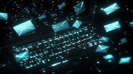 Poster - Nighttime email marketing concept with glowing envelopes, laptop keyboard shining in a dark digital space.