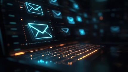 Poster - Nighttime email marketing concept with glowing envelopes, laptop keyboard shining in a dark digital space.