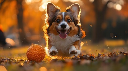 Wall Mural - A happy corgi dog leaps through the air, tongue out, chasing after a bright orange ball in a grassy field with fallen leaves.