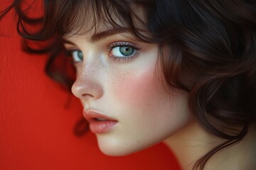 Sticker - Close-up portrait of a young woman with freckles and green eyes looking to the side.