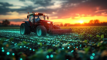 Canvas Print - A red tractor with a plow is driving through a field at sunset. The field is illuminated with bright blue lights.