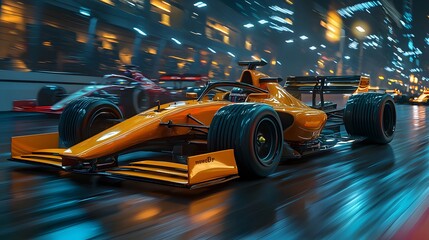 Dynamic orange race car speeding through a vibrant city at night.