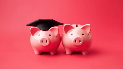 Piggy banks represent education funding, with one wearing a cap on a red backdrop, emphasizing financial planning for education