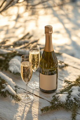 A bottle of sparkling wine with a blank mock-up label and glasses on an outdoor table