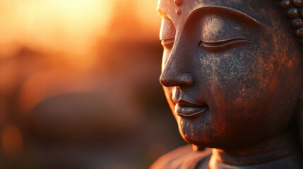 Serene Buddha face bathed in morning light, embodying tranquility and the calm of meditation at sunrise.