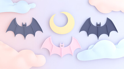 Minimal pastel bat and moon set of icons with soft curves and pastel colors placed on a light background