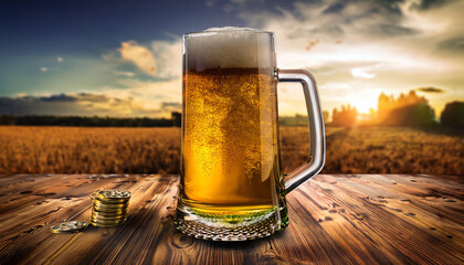 Cold beer in a glass mug with coins on a wooden table during sunset.